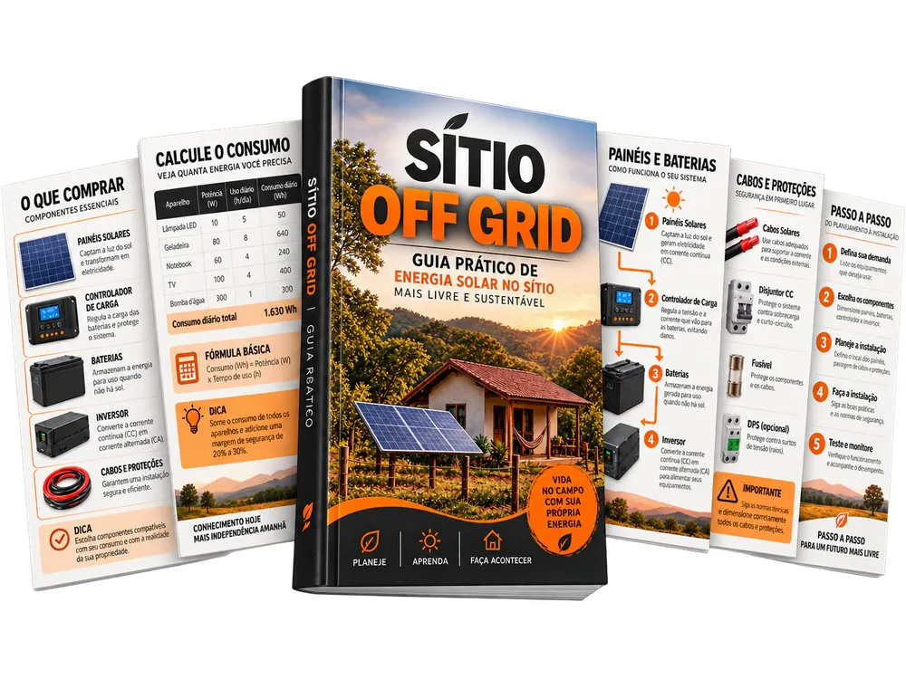 Guia digital Sítio OFF GRID e prévias internas sobre componentes, cálculos, painéis, baterias e proteções